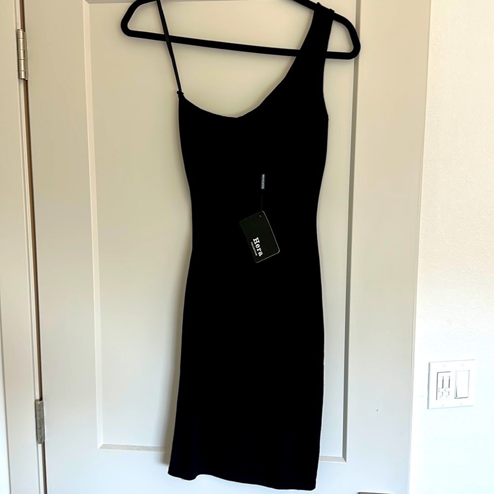 One shoulder cut out black mini dress, size large
